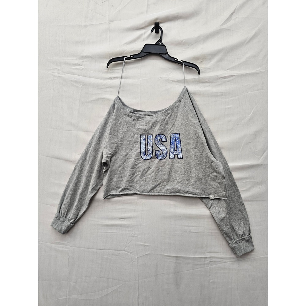 JoyLab Womens USA Graphic Long Sleeve Crop Top Gray Cotton Blend Size Medium